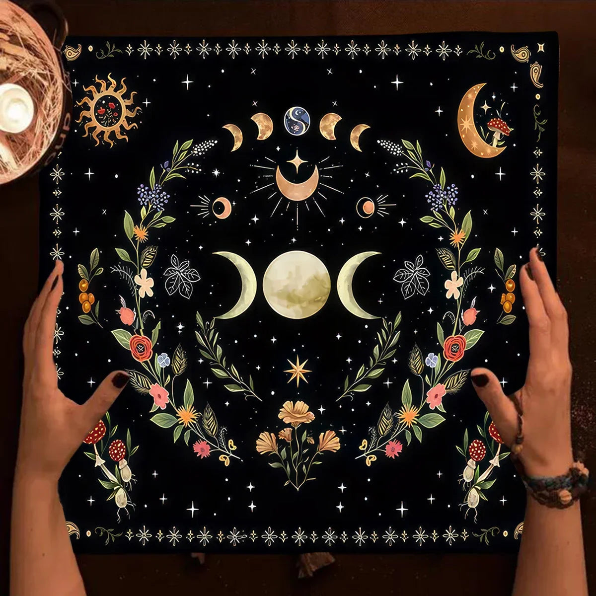 Tree of Life & Moon Phase Altar Cloth – Sacred Geometry Tarot Spread Mat