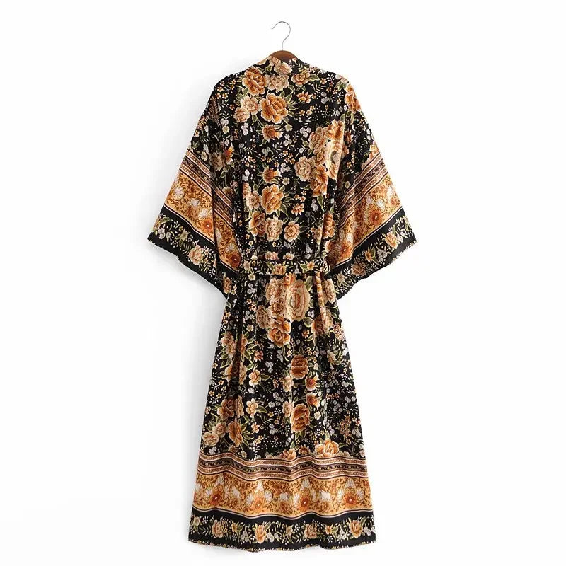 Boho Dark Floral Maxi Kimono Robe with Sash