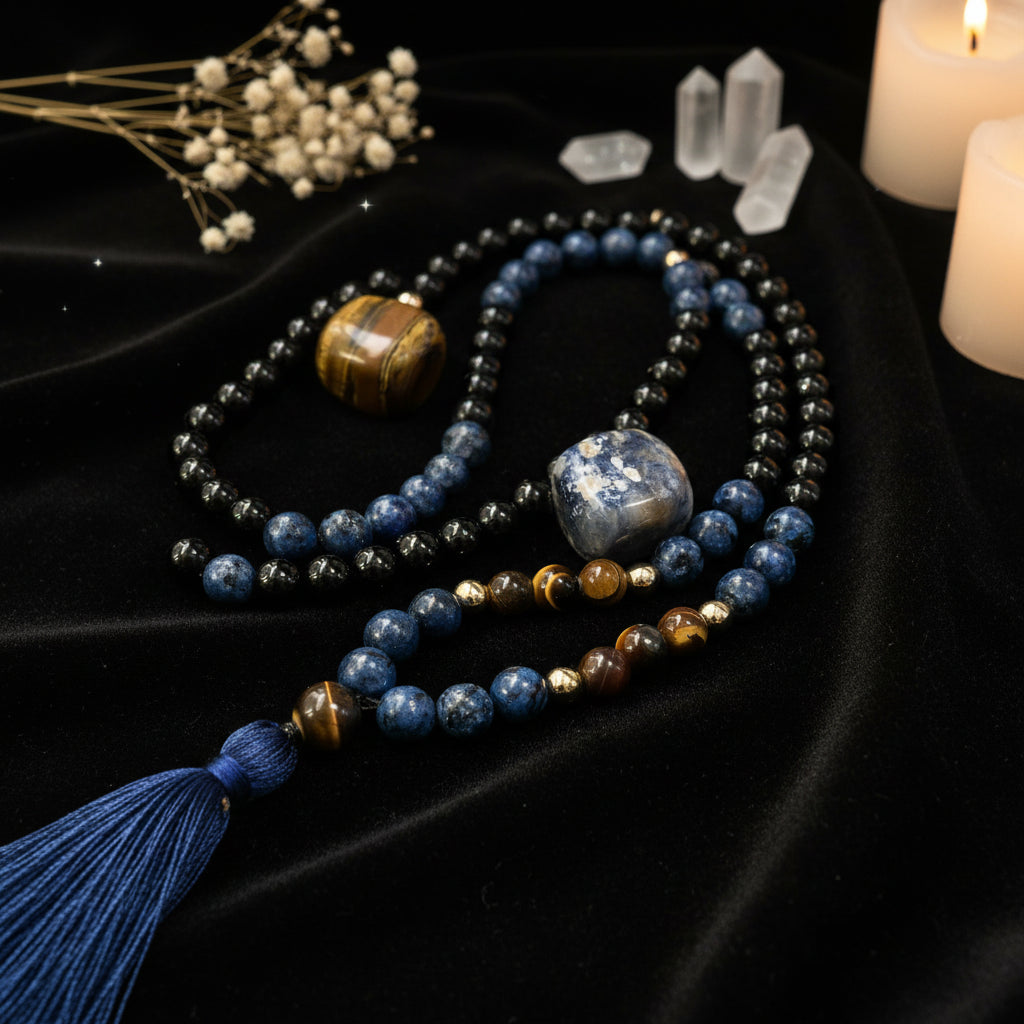 Tiger Eye & Black Onyx 108 Mala Bead Necklace | Meditation Prayer Rosary