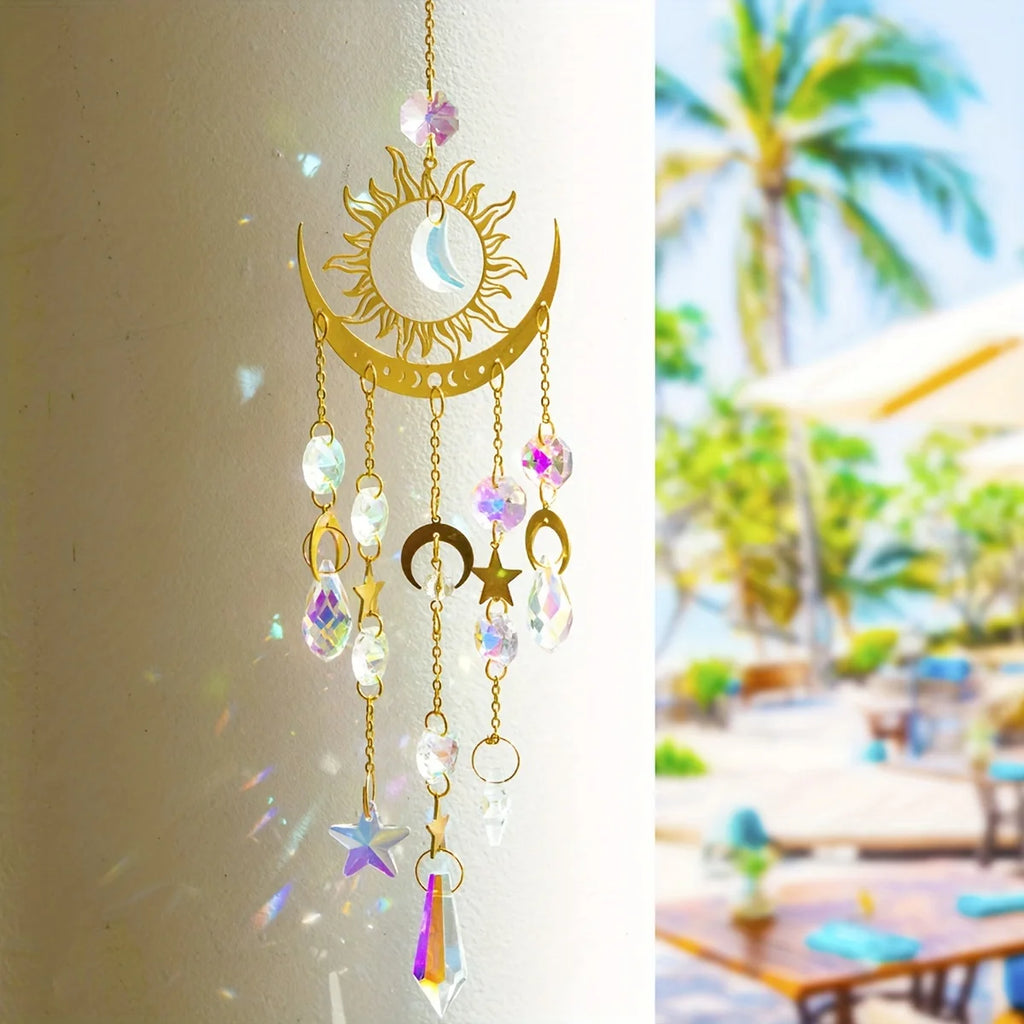 Star & Moon Suncatcher Pendant | Celestial Crystal Rainbow Maker for Windows & Gardens