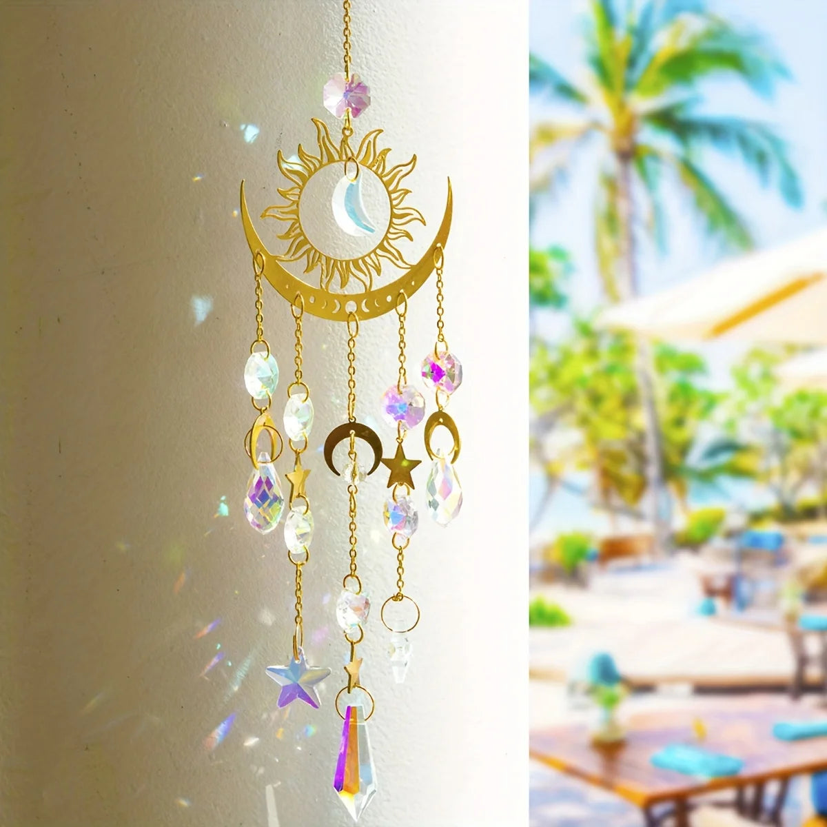 Star & Moon Suncatcher Pendant | Celestial Crystal Rainbow Maker for Windows & Gardens