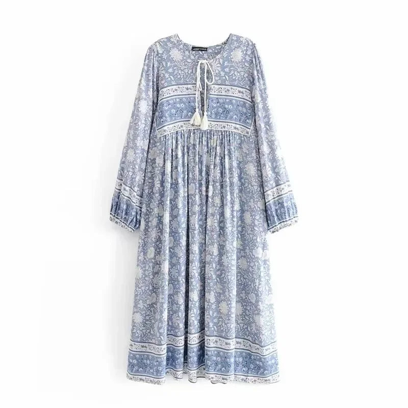 Floral Tassel-Tie Long-Sleeve Boho Dress