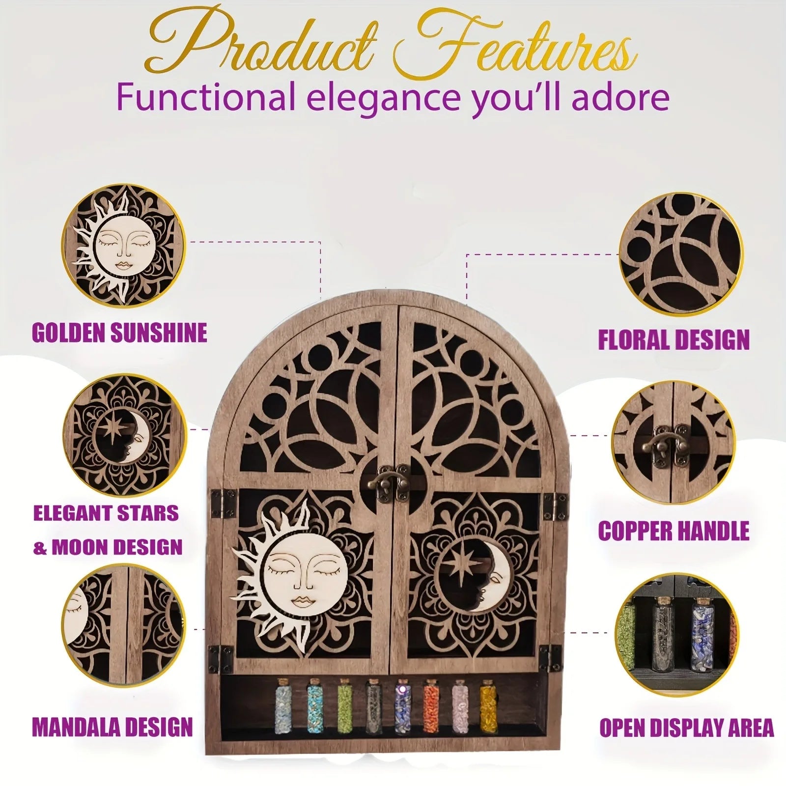 Sun & Moon Crystal Display Shelf – Wooden Wall Hanging Organizer