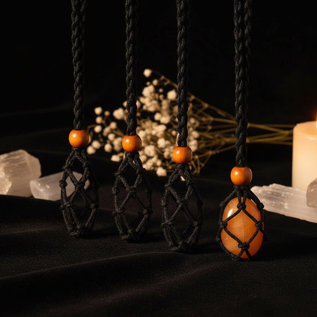 Macramé Mesh Pocket Crystal Necklace Cord | Adjustable Braided Pendant Holder