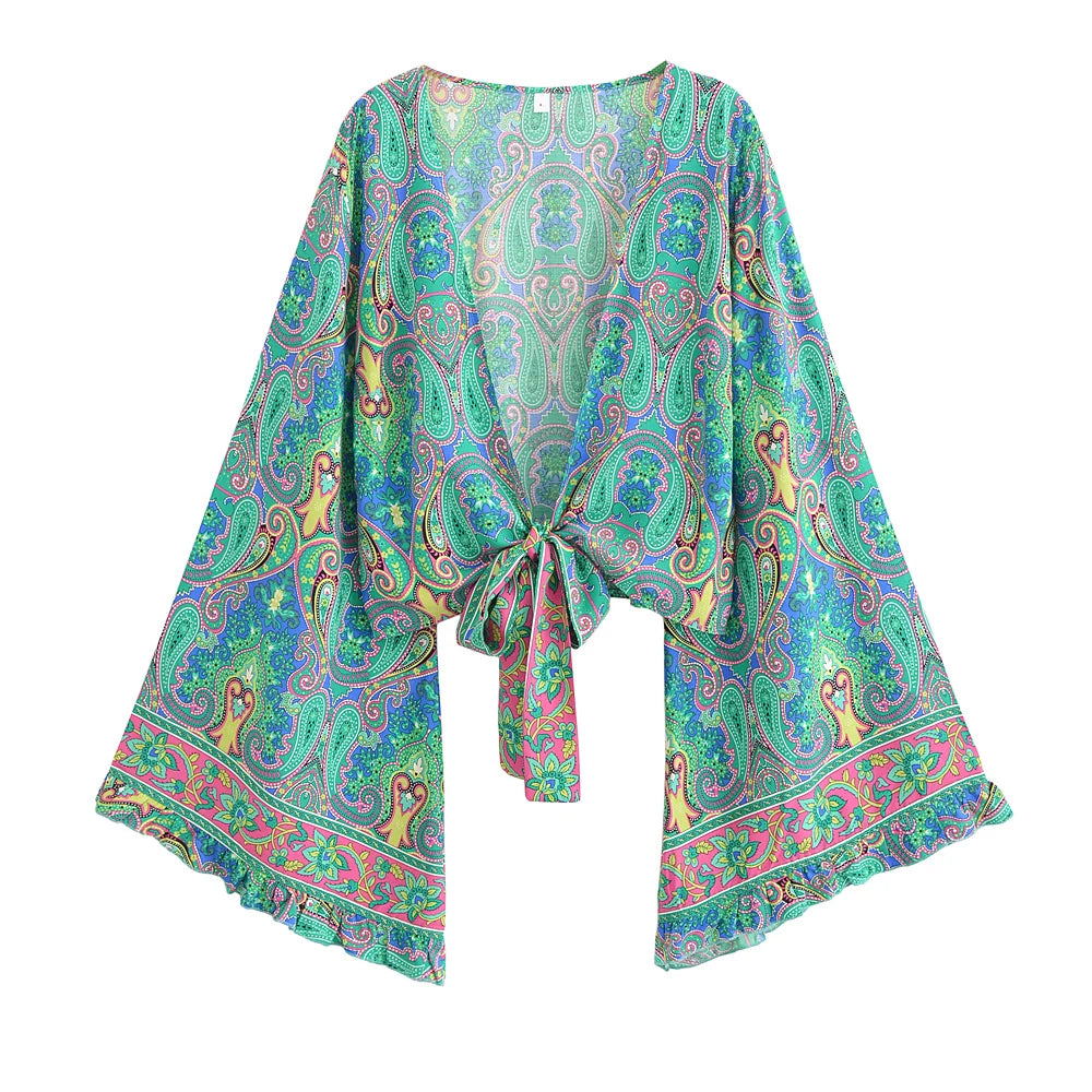 Floral Flare-Sleeve Boho Kimono Cardigan