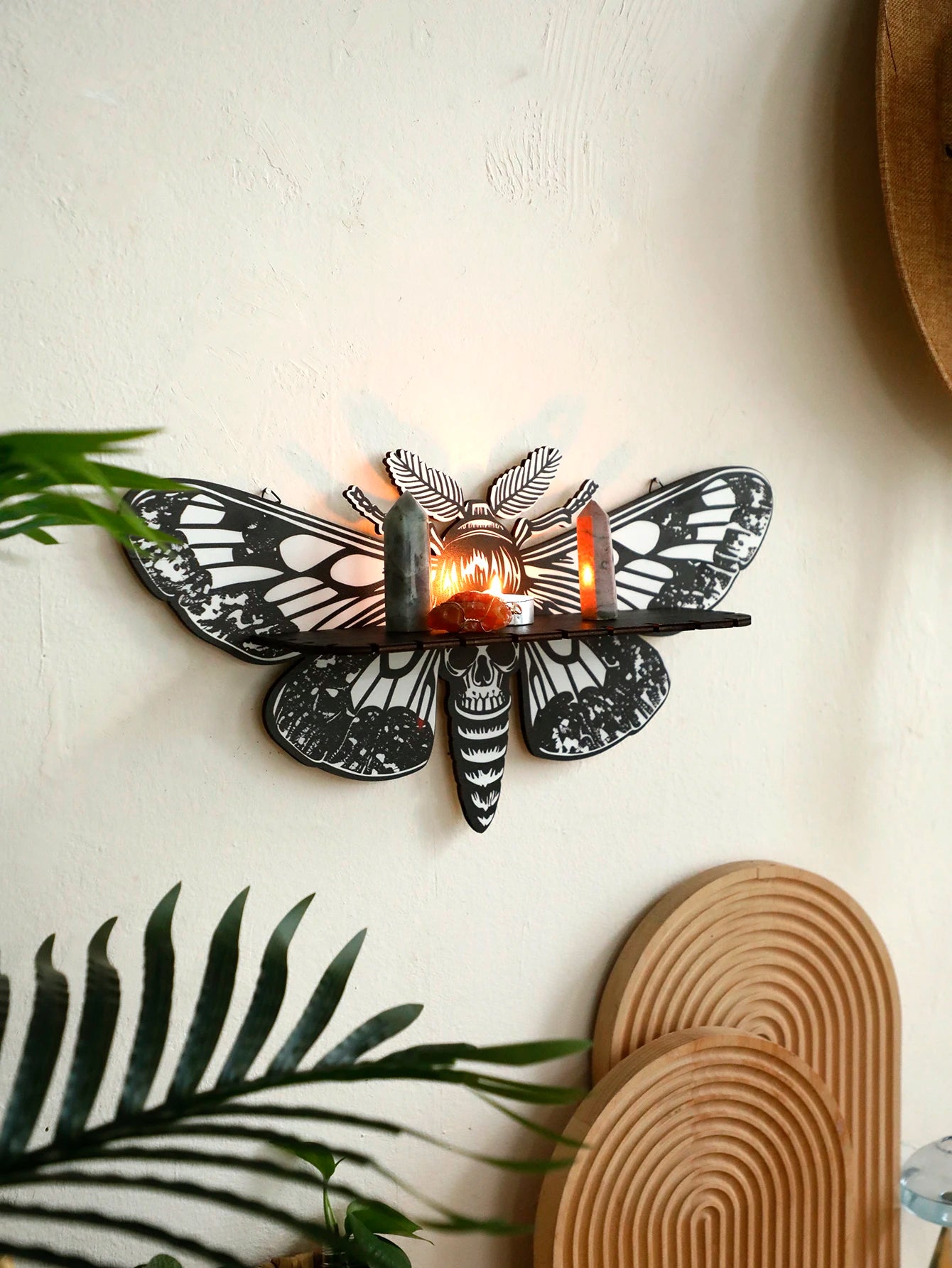 Moth & Butterfly Wall Shelf – Wooden Candle Holder & Crystal Display
