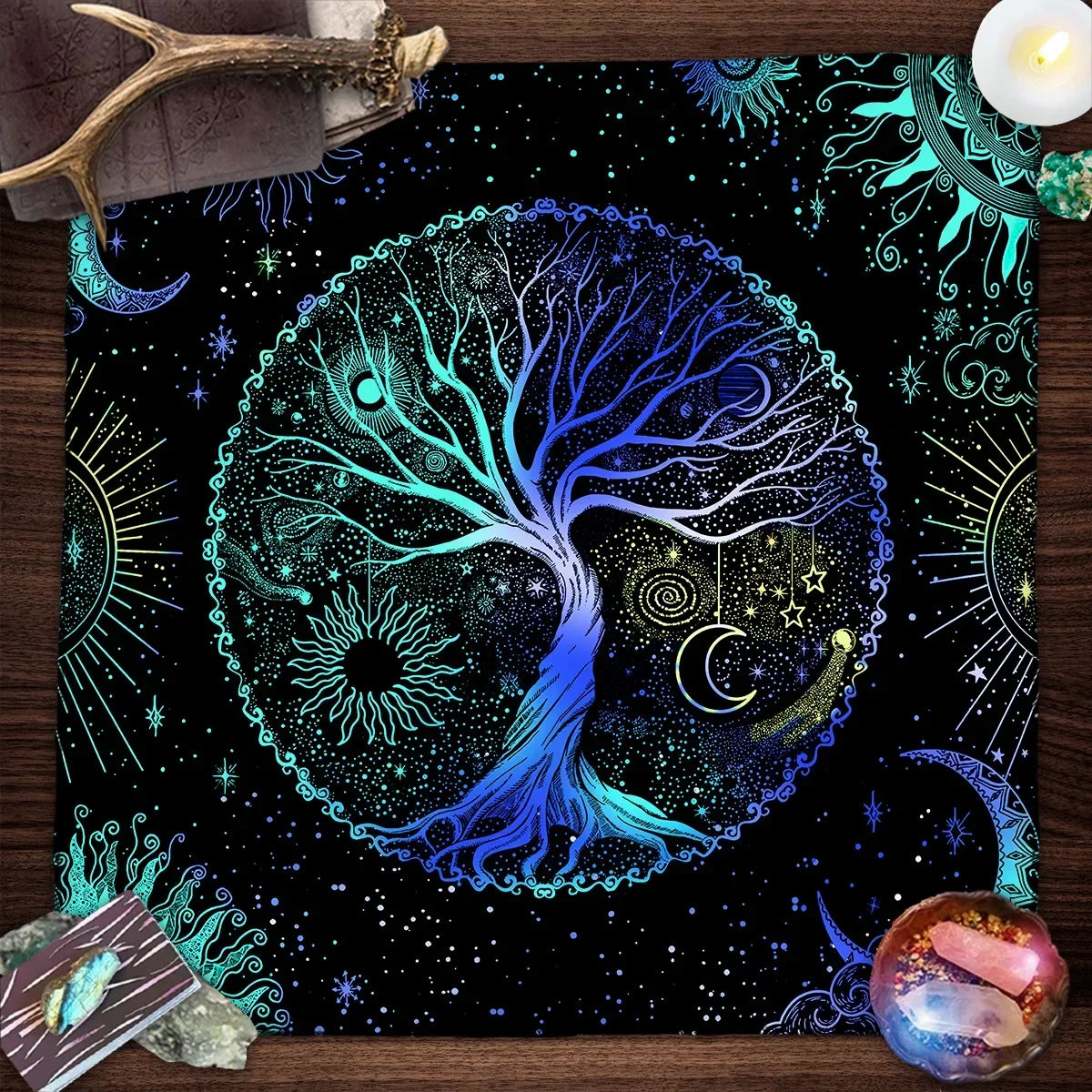 Tree of Life & Moon Phase Altar Cloth – Sacred Geometry Tarot Spread Mat