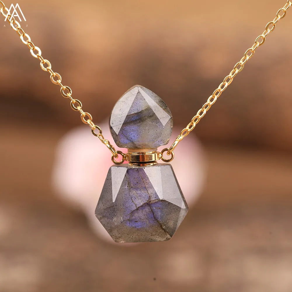 Natural Gemstone Perfume Bottle Pendant Necklace — Crystal Healing Jewelry