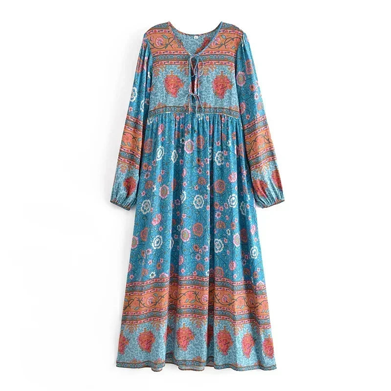 Bohemian Floral V-Neck Lantern-Sleeve Maxi Dress