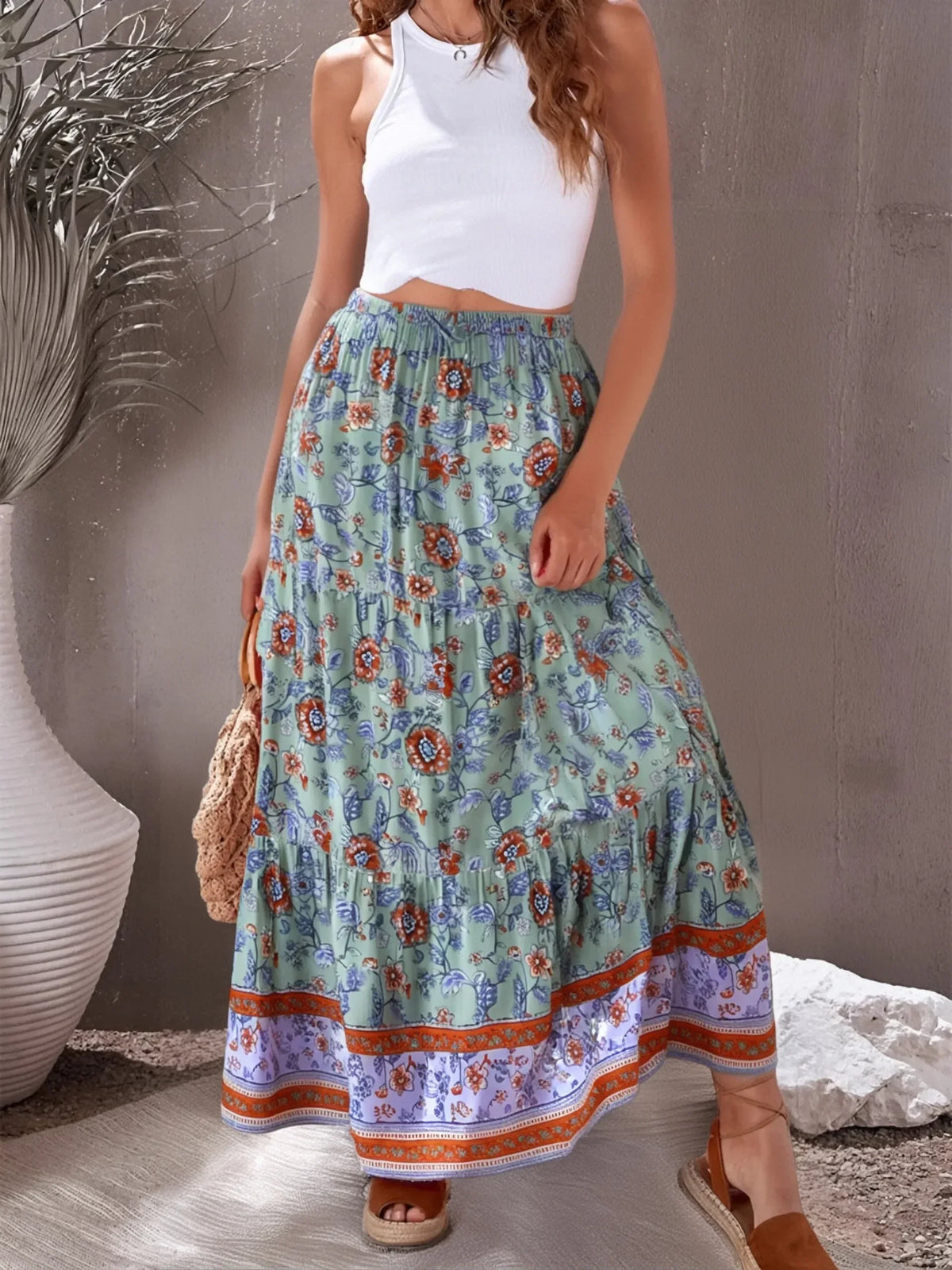 Floral Pleated Boho Maxi Skirt