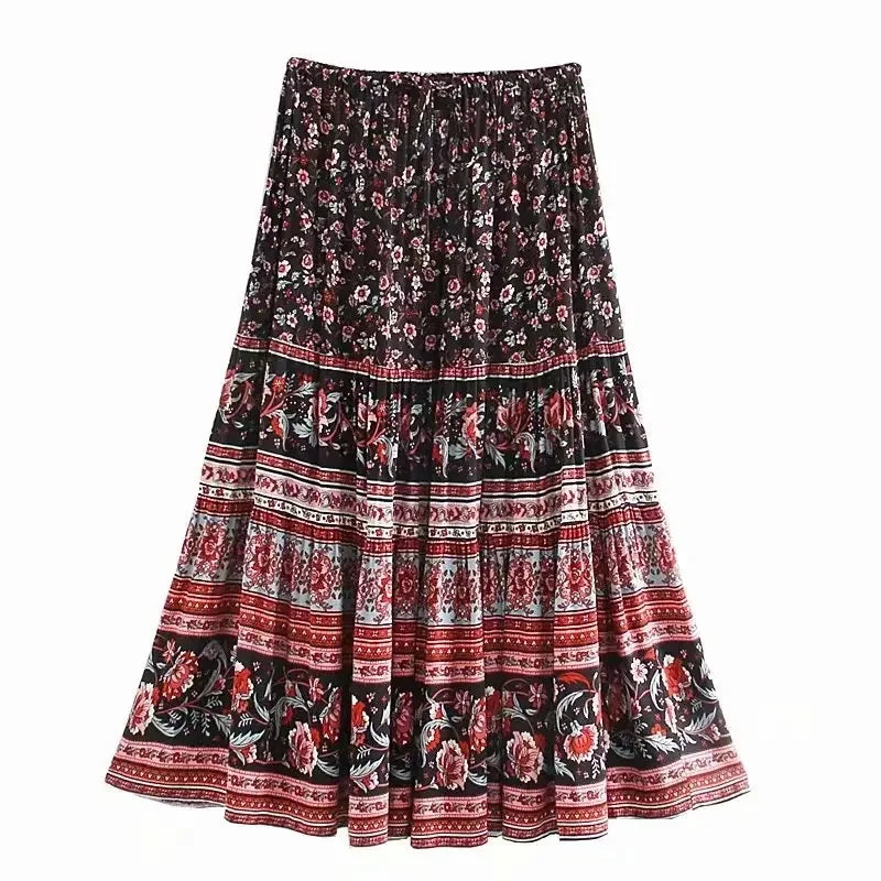 Dark Floral Tiered Boho Maxi Skirt