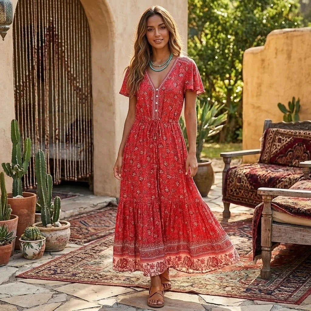 Boho Floral Tassel Maxi Dress