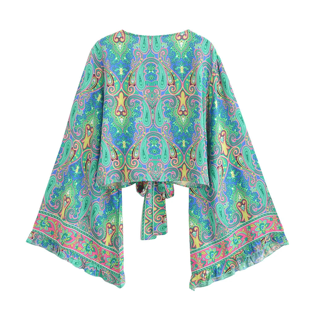 Floral Flare-Sleeve Boho Kimono Cardigan