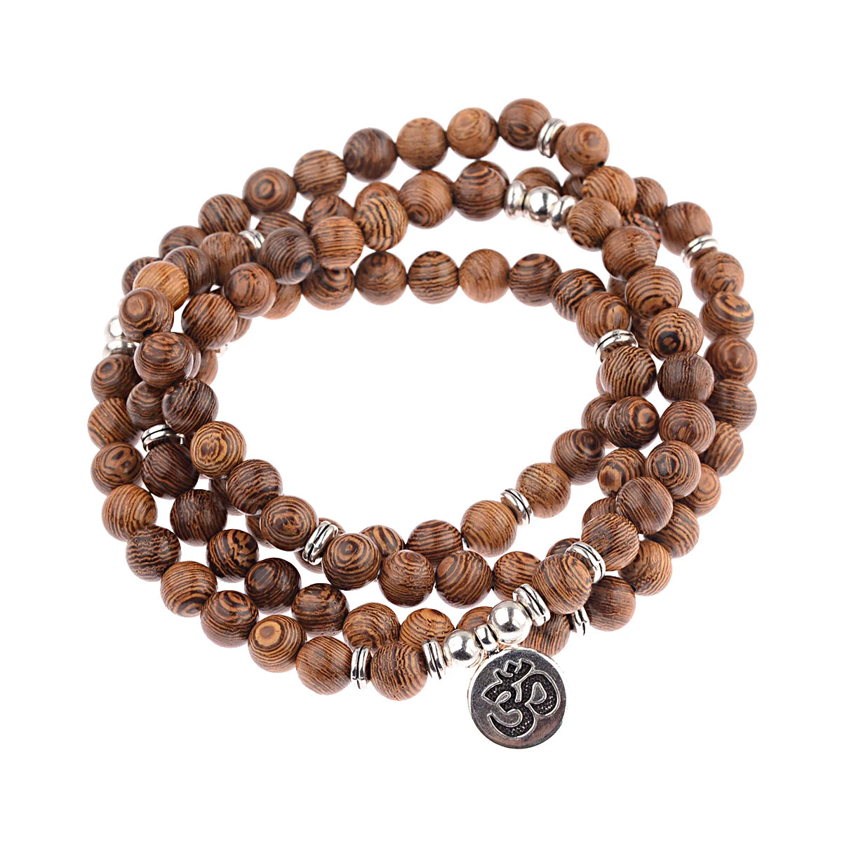 Wood Bead Buddha Om Lotus Charm Bracelet | Tibetan Mala Yoga Bracelet