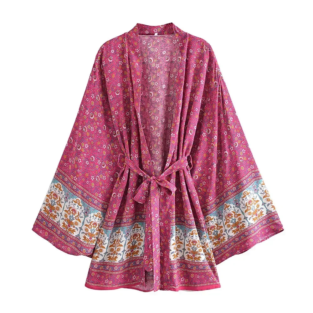 Floral Boho Kimono Robe with Batwing Sleeves