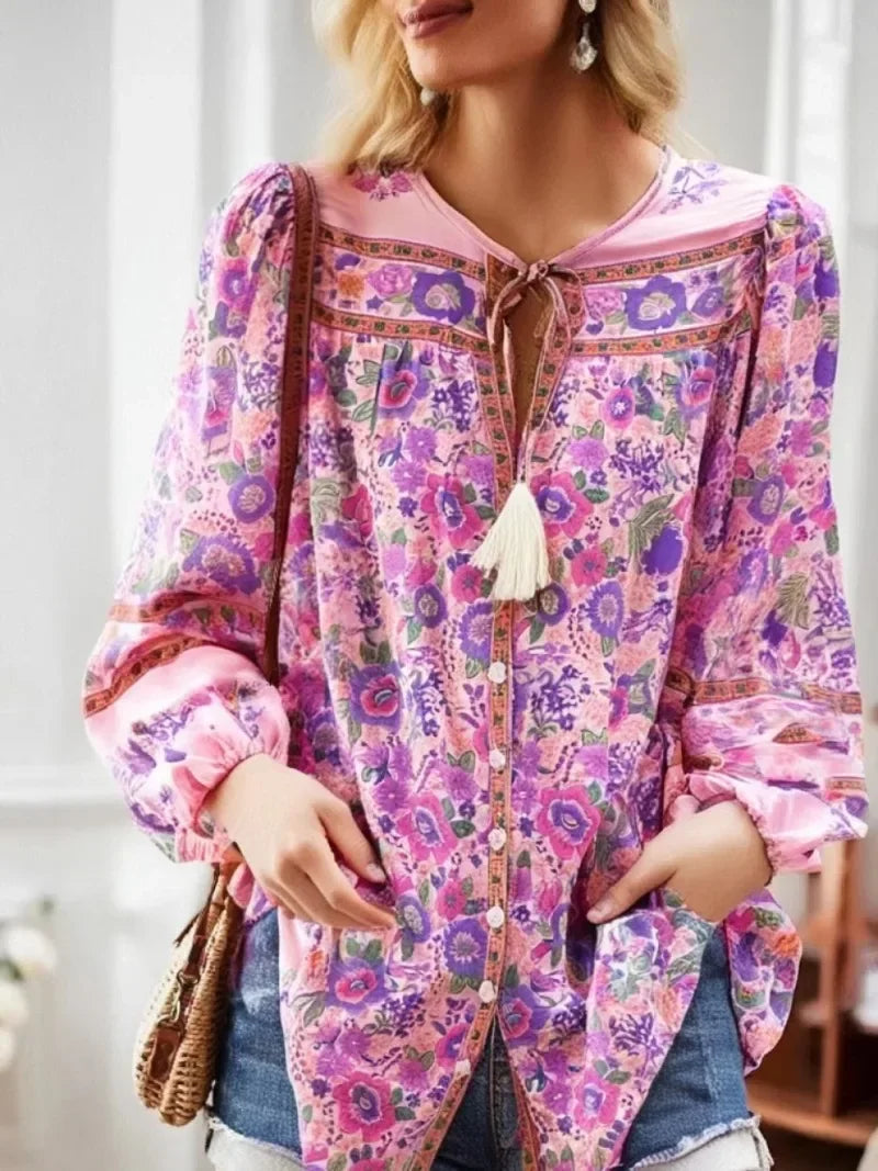 Floral Tassel V-Neck Boho Blouse