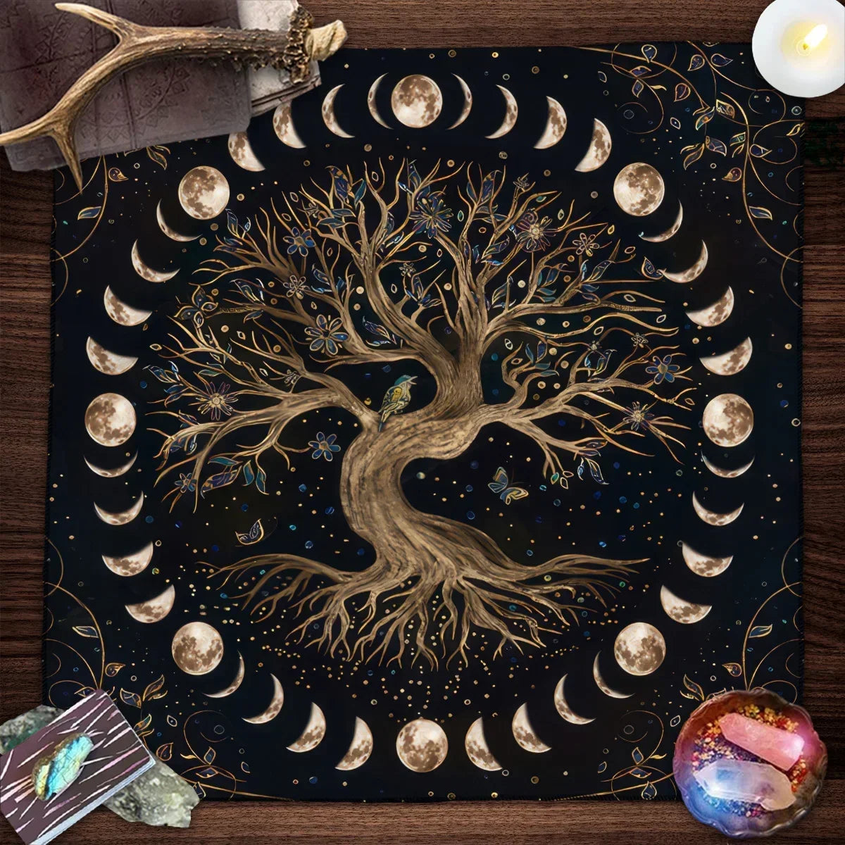 Tree of Life & Moon Phase Altar Cloth – Sacred Geometry Tarot Spread Mat