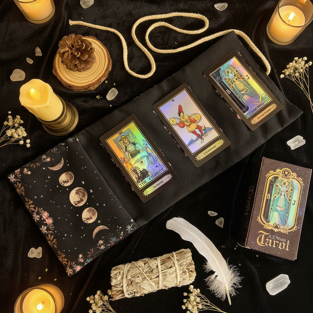 Lunar Phase Tarot Storage Pouch — Celestial Moon Card Wrap