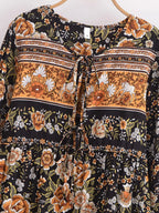 Ethnic Floral Print Tie-Neck Long Sleeve Boho Maxi Dress