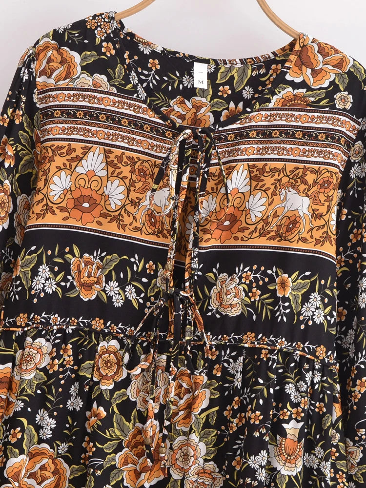 Ethnic Floral Print Tie-Neck Long Sleeve Boho Maxi Dress