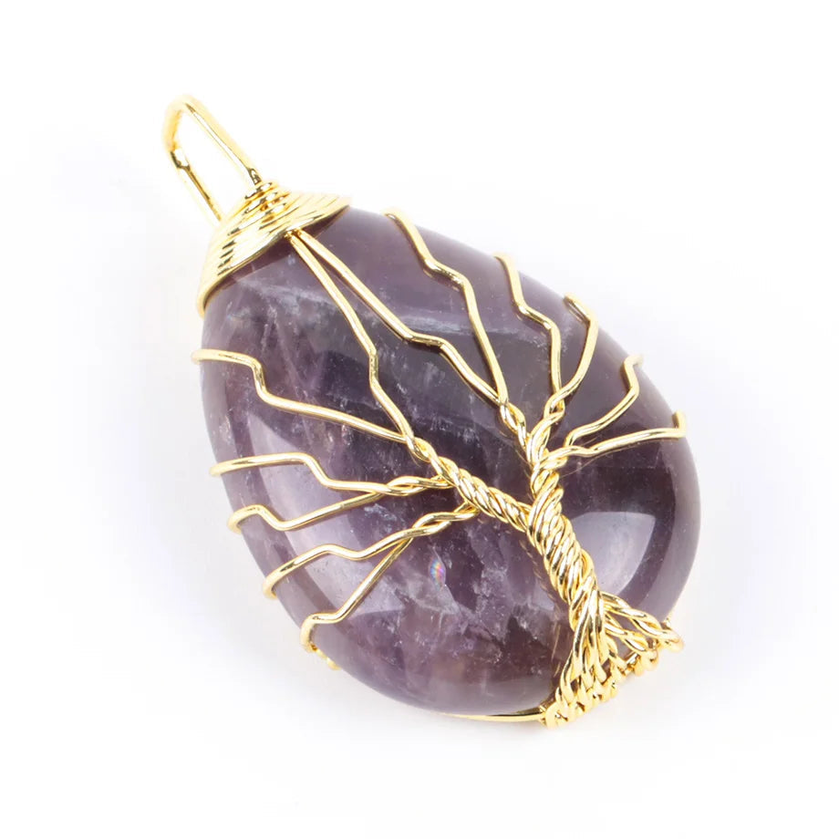 Tree of Life Crystal Necklace — Wire-Wrapped Natural Stone Pendant