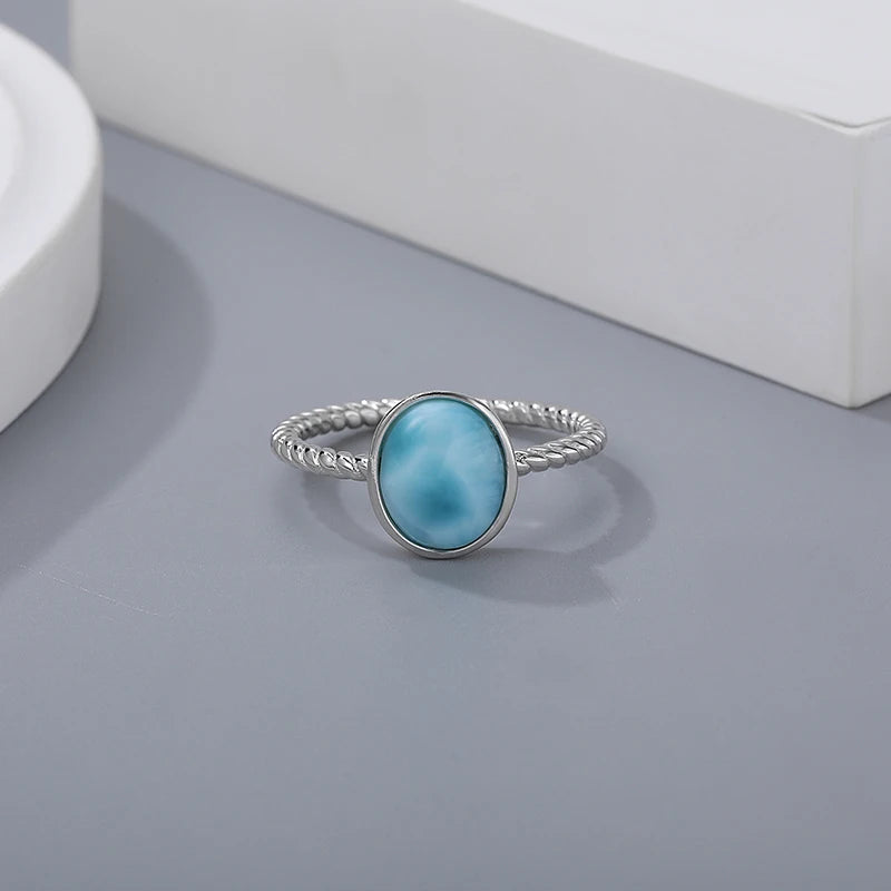 Larimar Oval Ring with Twisted Rope Band, 925 Sterling Silver