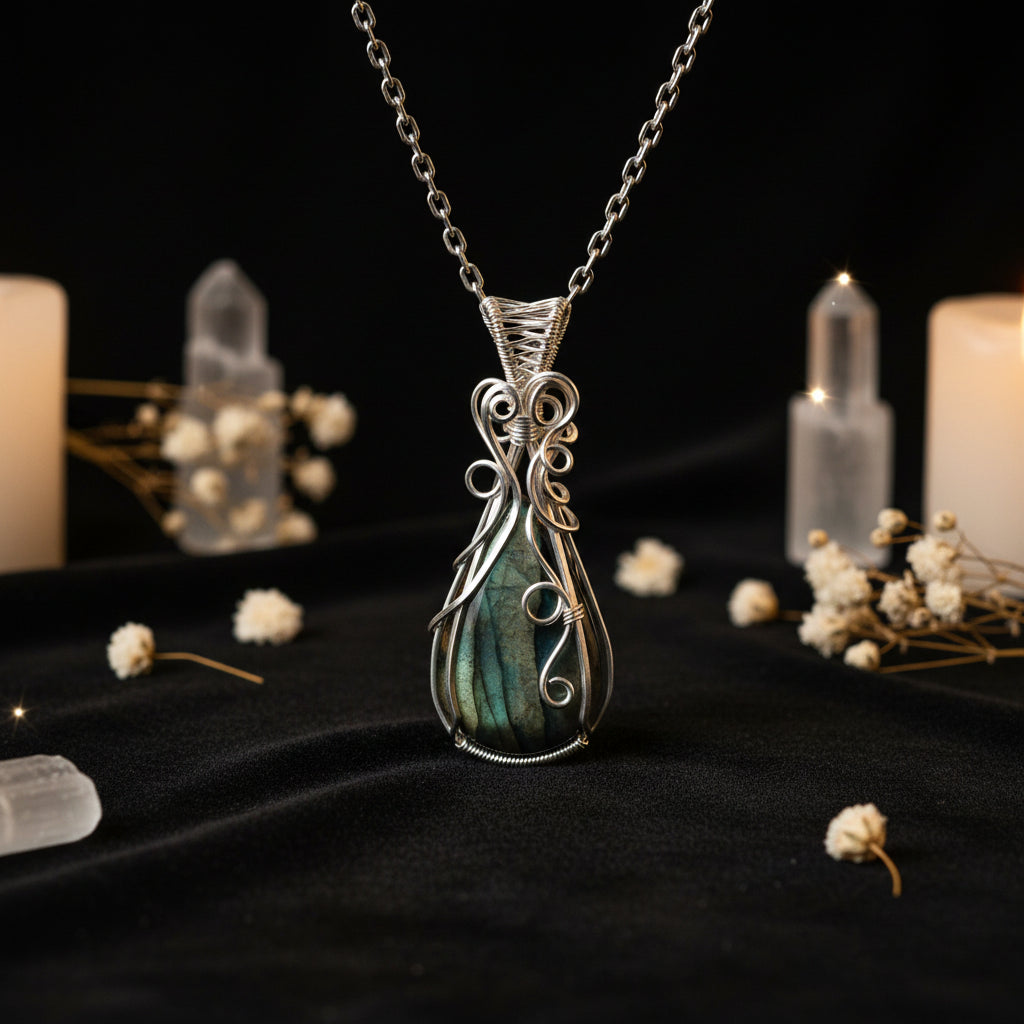Wire-Wrapped Gemstone Pendant Necklace | Labradorite, Moonstone & Sunstone