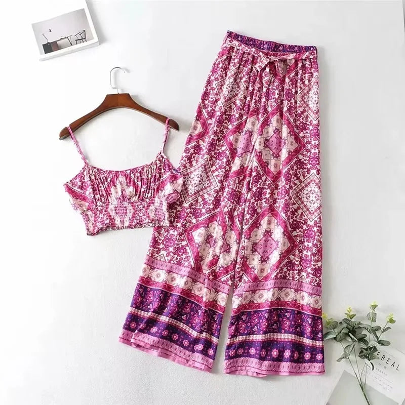Boho Floral Smocked Cami & Wide-Leg Pants Set