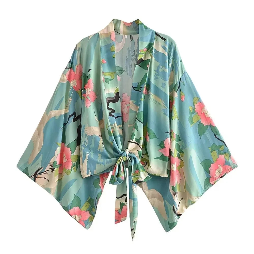 Boho Crane Floral Cropped Kimono