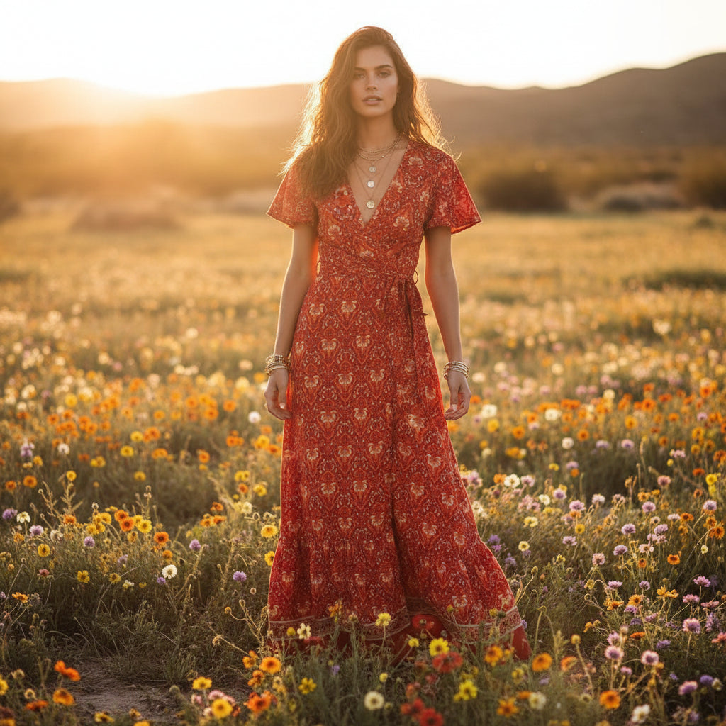 Floral Wrap Maxi Dress with Bow Tie