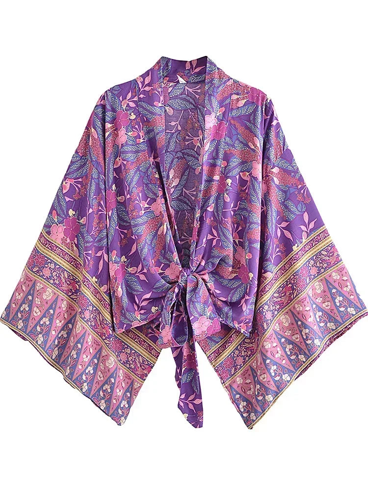 Purple Floral Kimono Boho Set – Wide Leg Pants & Kimono Top