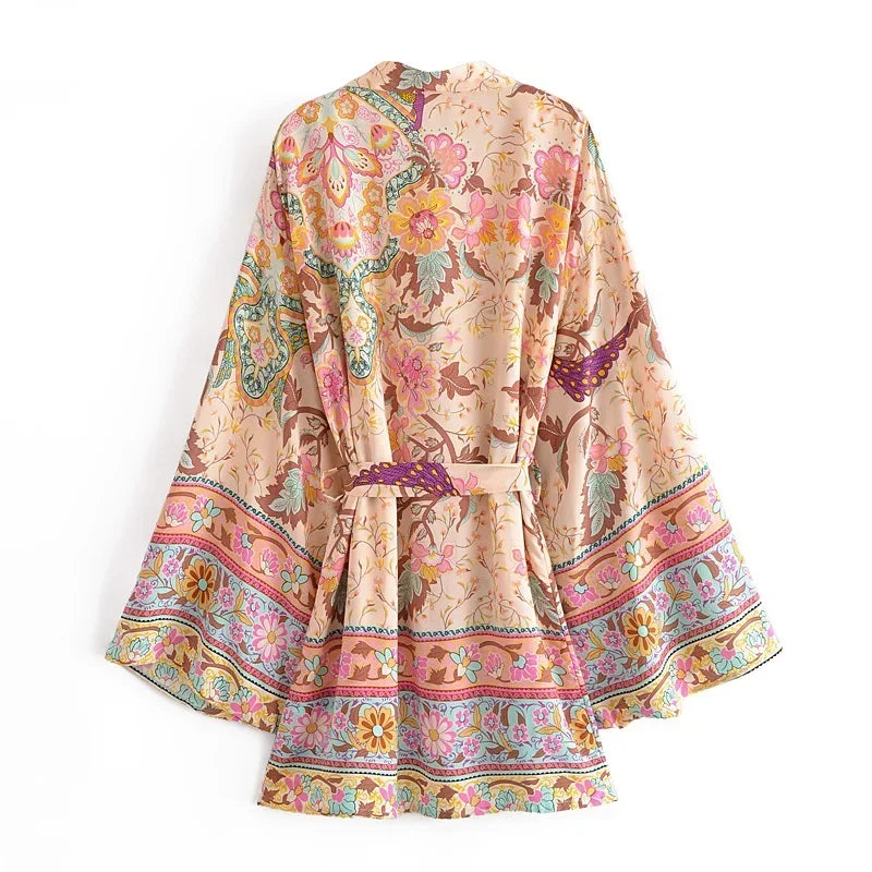 Vintage Peacock Floral Batwing Kimono Robe