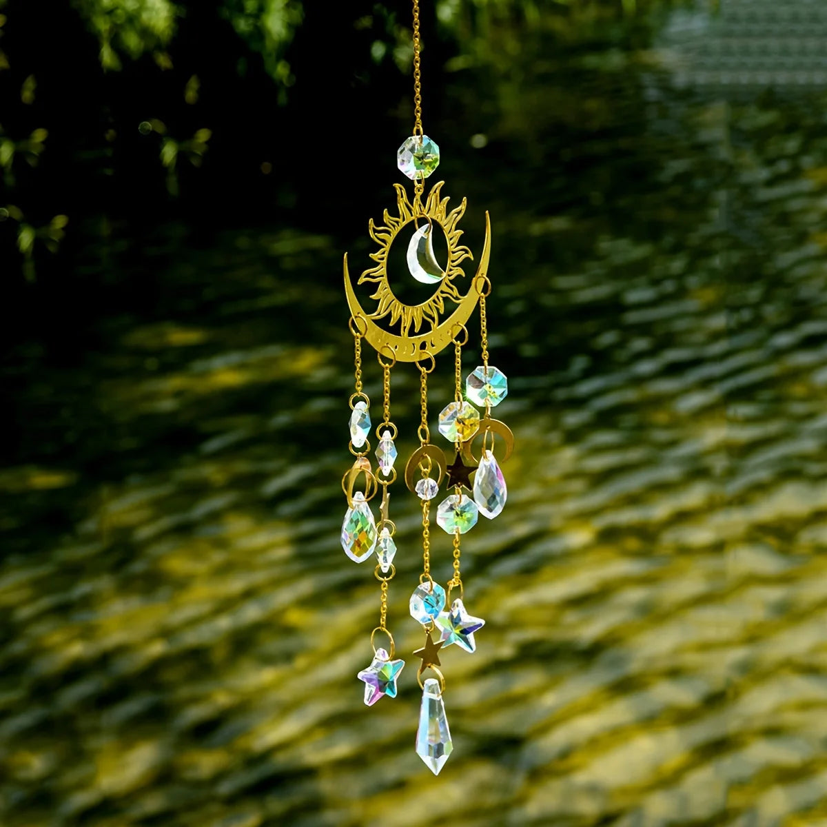 Star & Moon Suncatcher Pendant | Celestial Crystal Rainbow Maker for Windows & Gardens