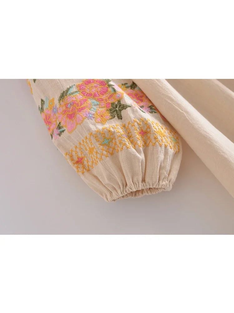 Boho Floral Embroidery Cotton-Linen Mini Dress