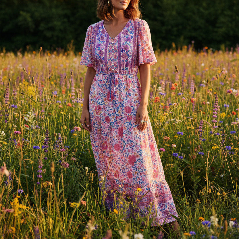 Wild Floral V-Neck Boho Maxi Dress