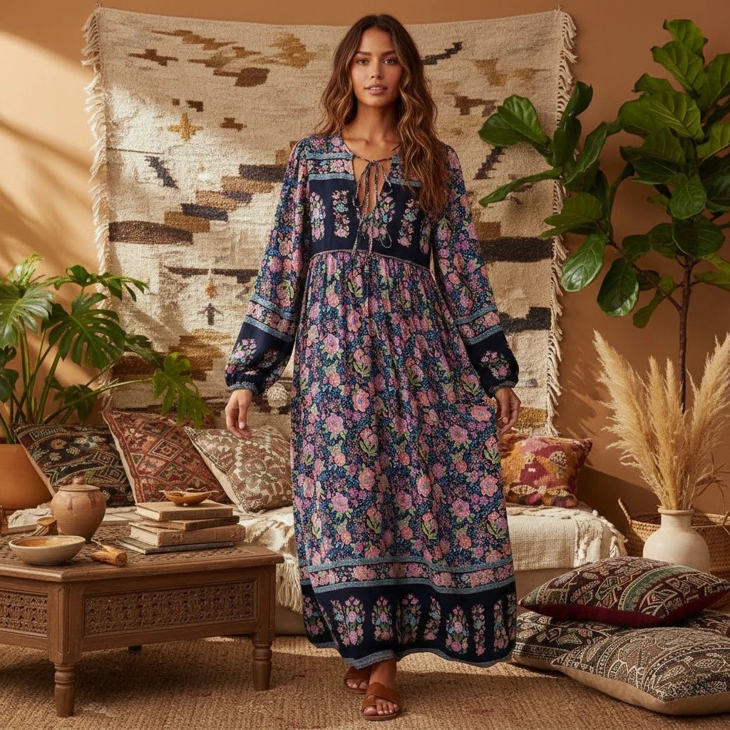 Boho Ethnic Floral Lantern Sleeve Maxi Dress