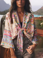 Floral Print Short Kimono with Batwing Sleeves