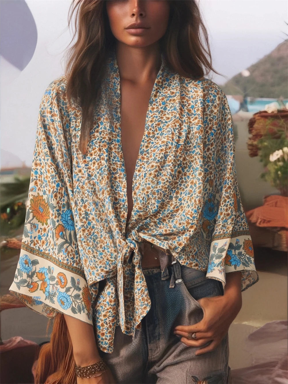 Floral Rayon Boho Kimono Beach Cover-Up