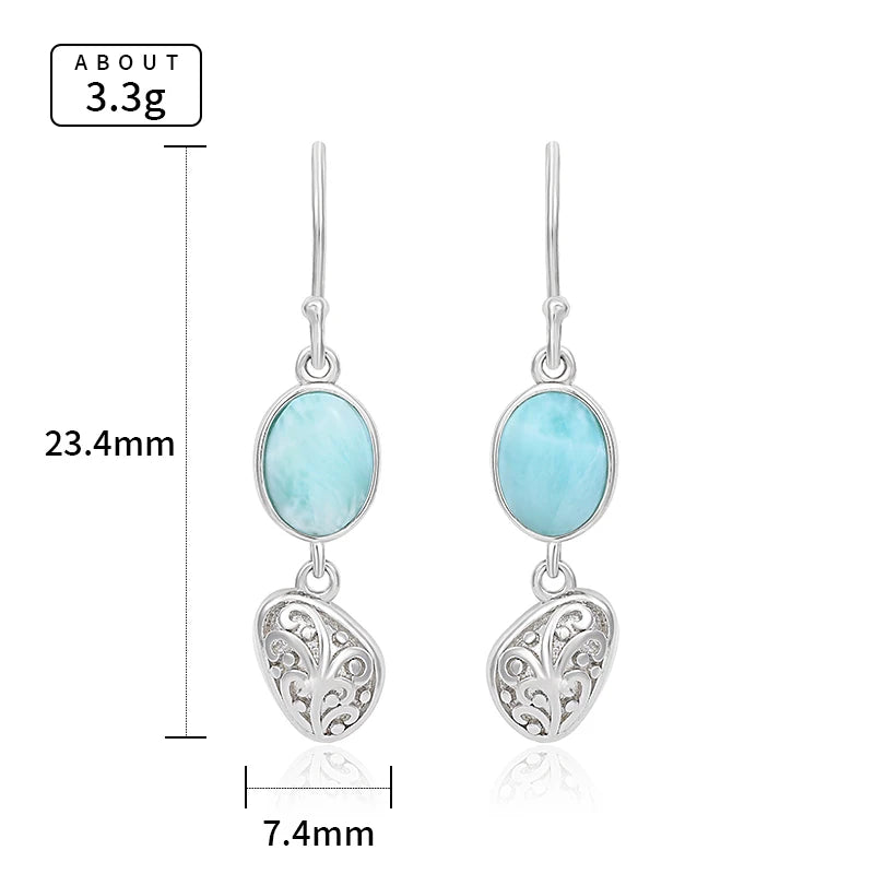 Larimar Oval Engraved Drop Earrings in 925 Sterling Silver