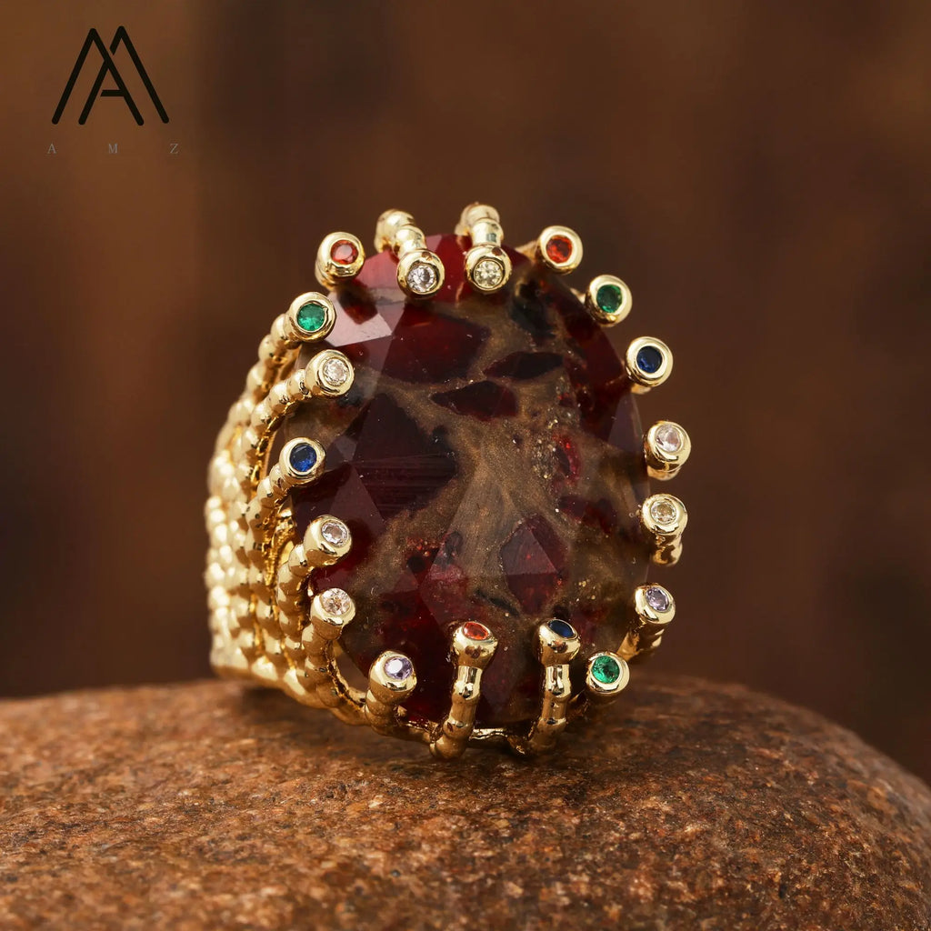 18K Gold-Plated Natural Gemstone Statement Ring – Healing Crystal Jewelry