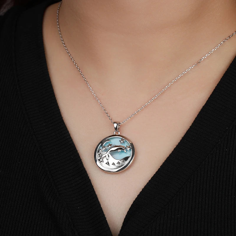 Larimar Dolphin Cutout Pendant Necklace, Round