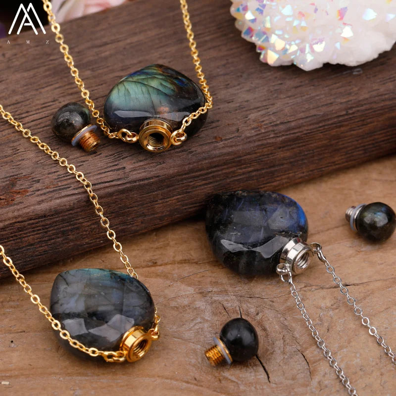 Natural Gemstone Perfume Bottle Pendant Necklace — Crystal Healing Jewelry