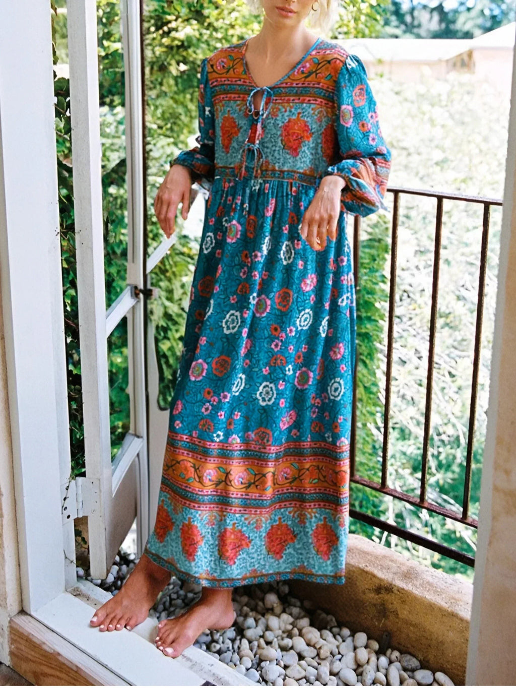 Bohemian Floral V-Neck Lantern-Sleeve Maxi Dress