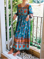 Bohemian Floral V-Neck Lantern-Sleeve Maxi Dress