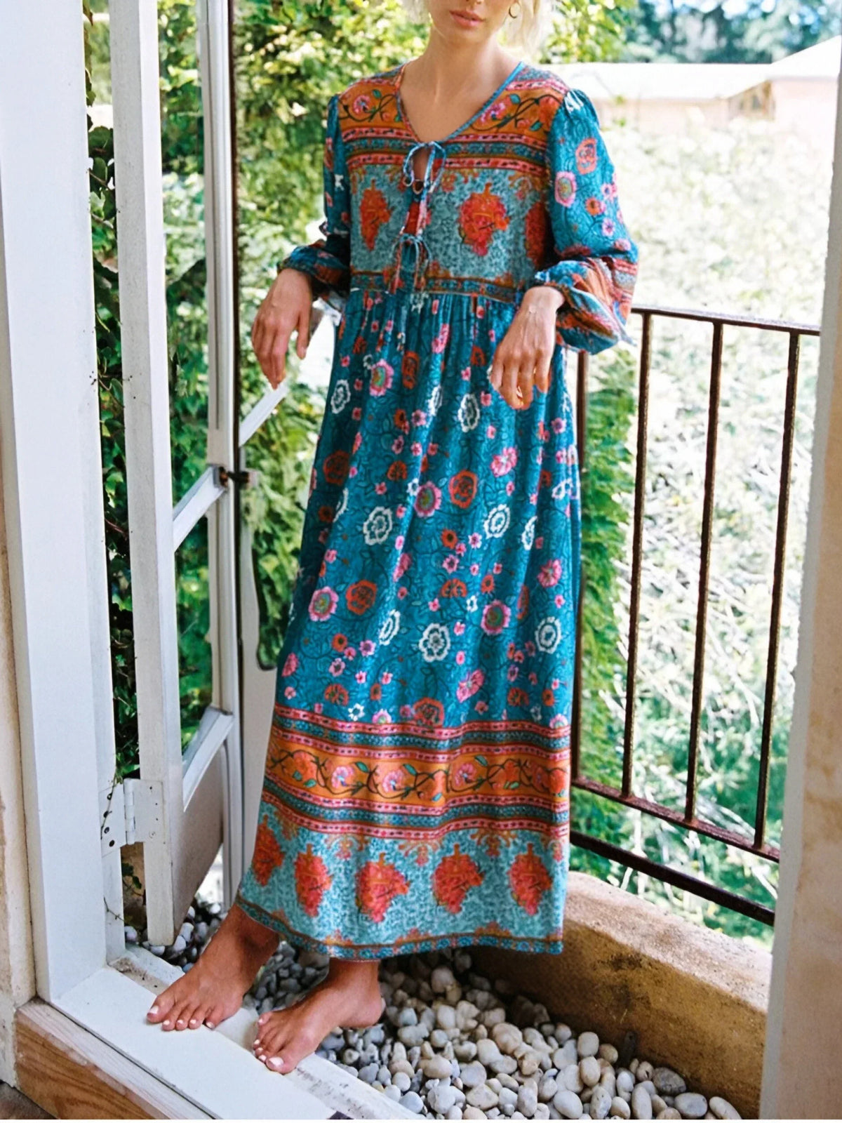 Bohemian Floral V-Neck Lantern-Sleeve Maxi Dress