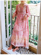 Floral Tassel-Tie Long-Sleeve Boho Dress