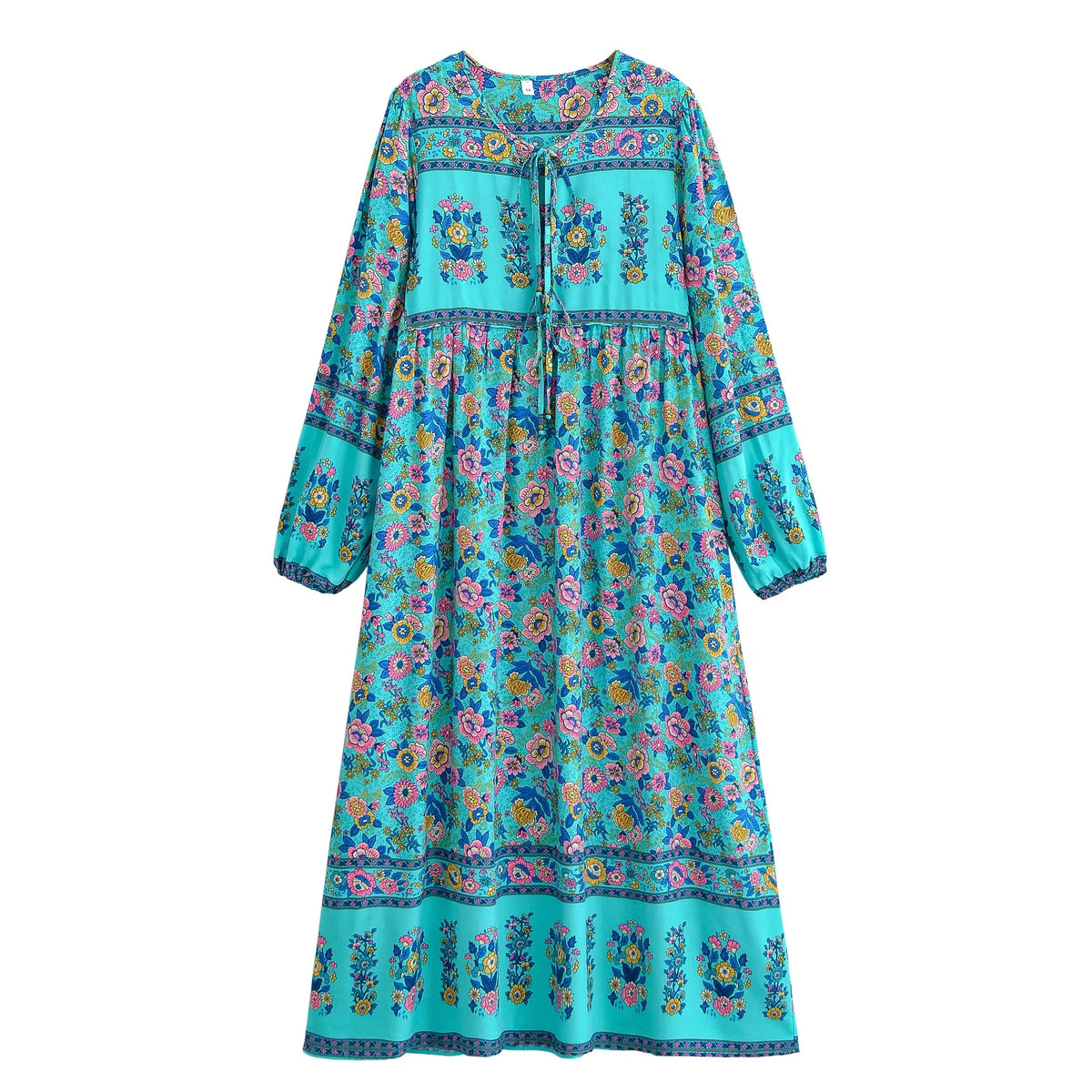 Boho Ethnic Floral Lantern Sleeve Maxi Dress