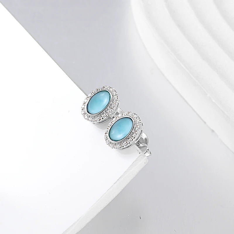Larimar Oval Halo Stud Earrings, Zircon Border