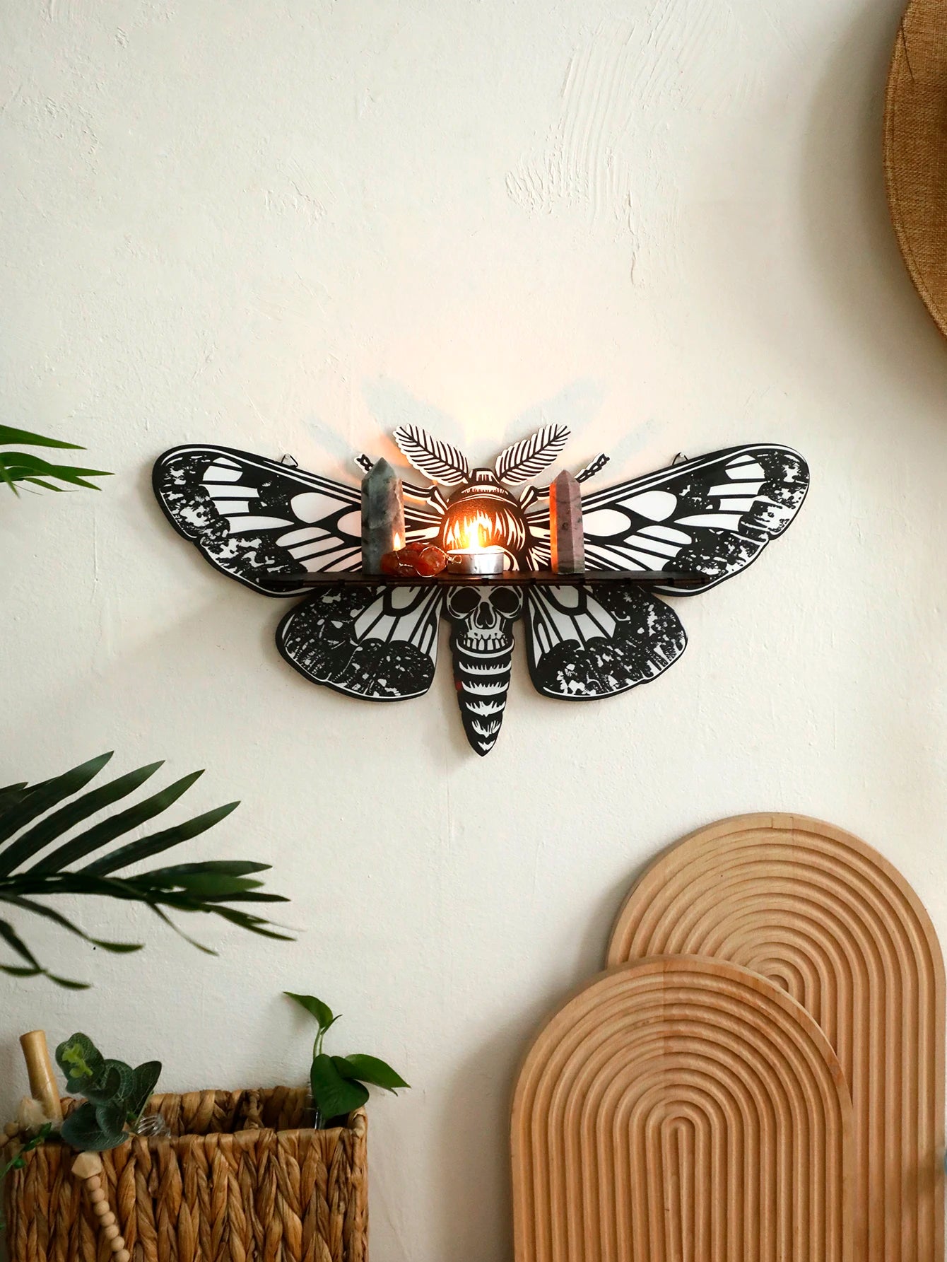 Moth & Butterfly Wall Shelf – Wooden Candle Holder & Crystal Display