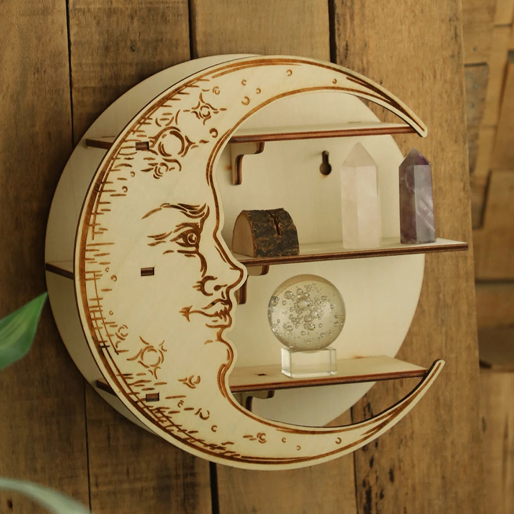 Moon Face Round Wall Shelf – Wooden Crystal Display
